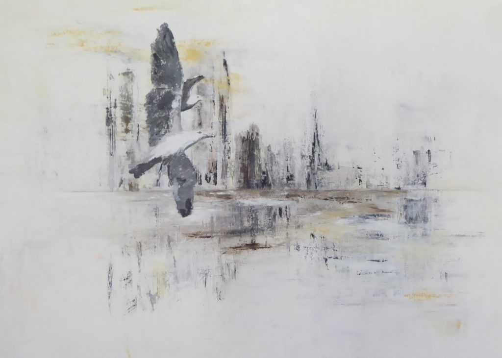 abstrahiertes Hafenbild mit Möwen